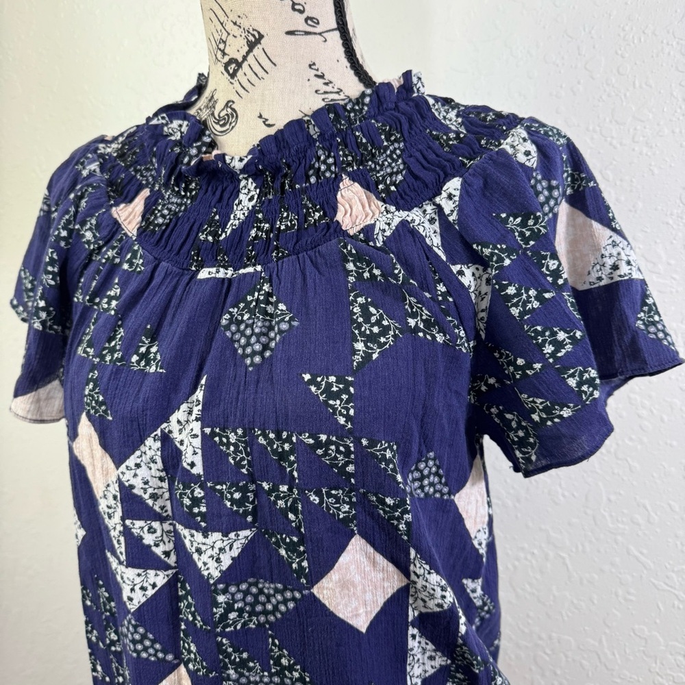 Madewell blouse smocked mock neck XS patchwork boho casual Navy Geometric‎ Top - Picture 5 of 10